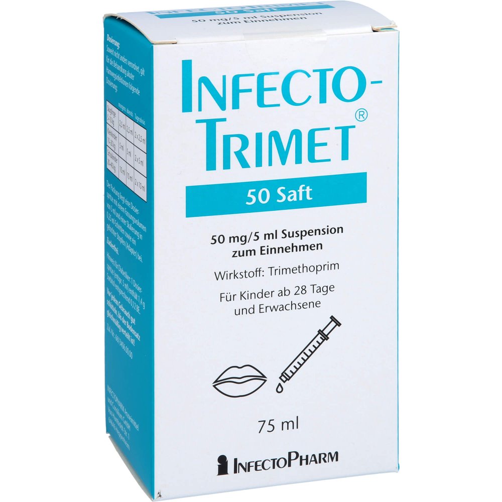 Das Produktfoto zeigt Infectotrimet 50 Saft Suspension Zum Einnehmen (75 ml) PZN 07298385