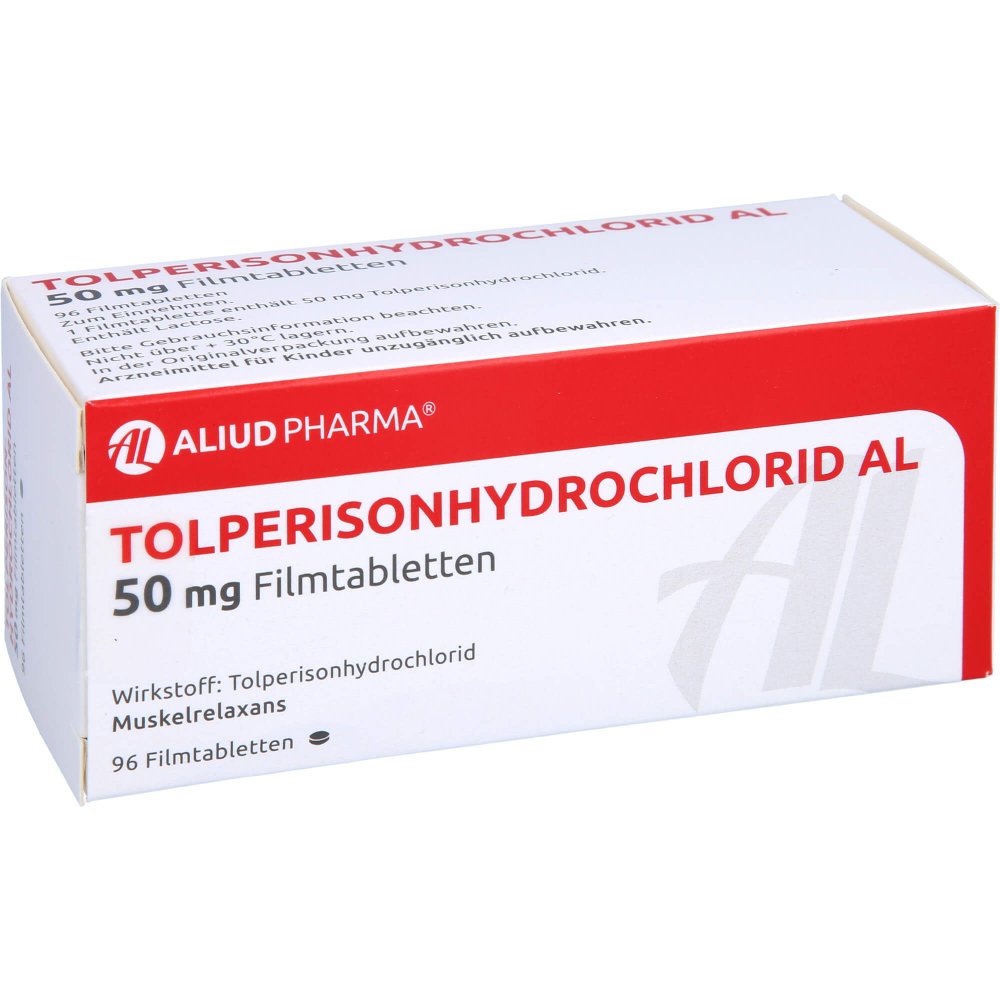 Das Produktfoto zeigt Tolperisonhydrochlorid Al 50 Mg Filmtabletten (96 stk) PZN 07314173