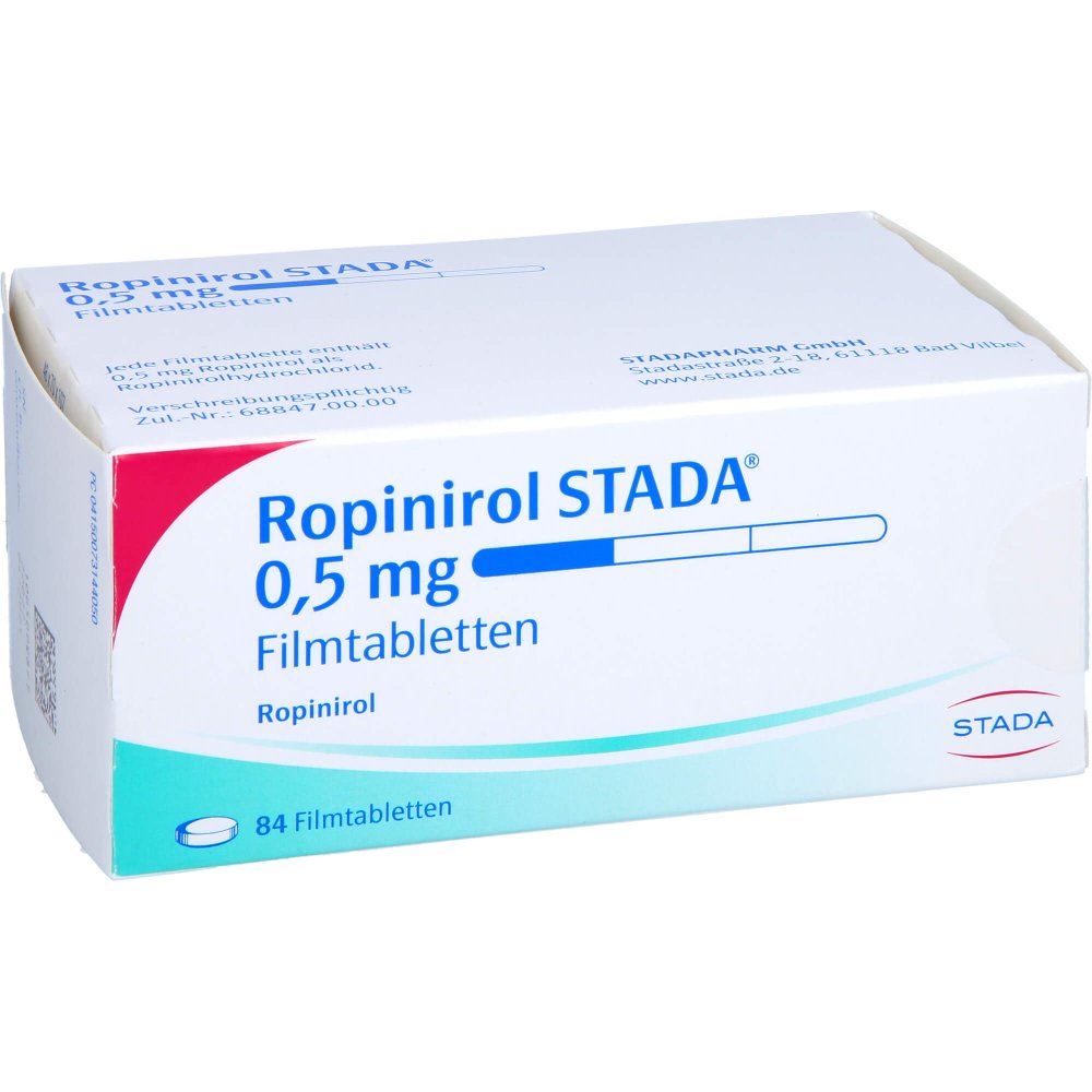 Das Produktfoto zeigt Ropinirol Stada 0,5 Mg Filmtabletten (84 stk) PZN 07314405