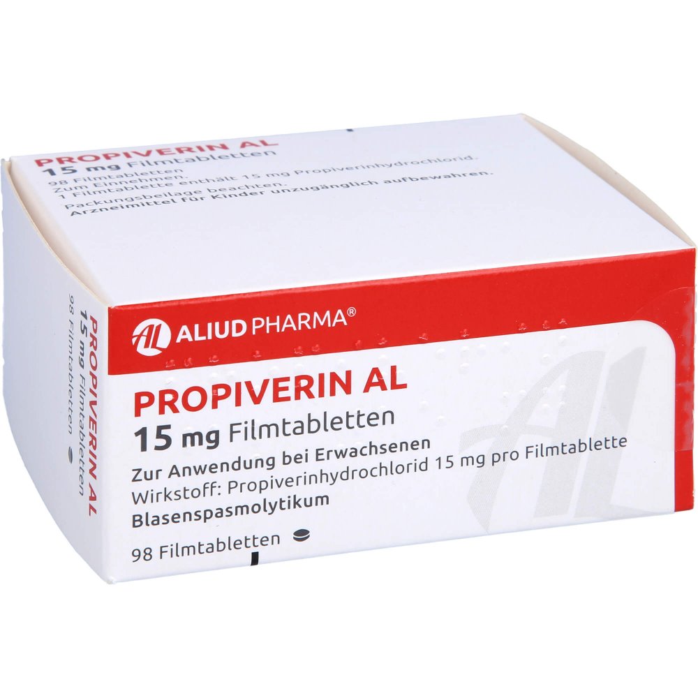 Das Produktfoto zeigt Propiverin Al 15 Mg Filmtabletten (98 stk) PZN 07333791
