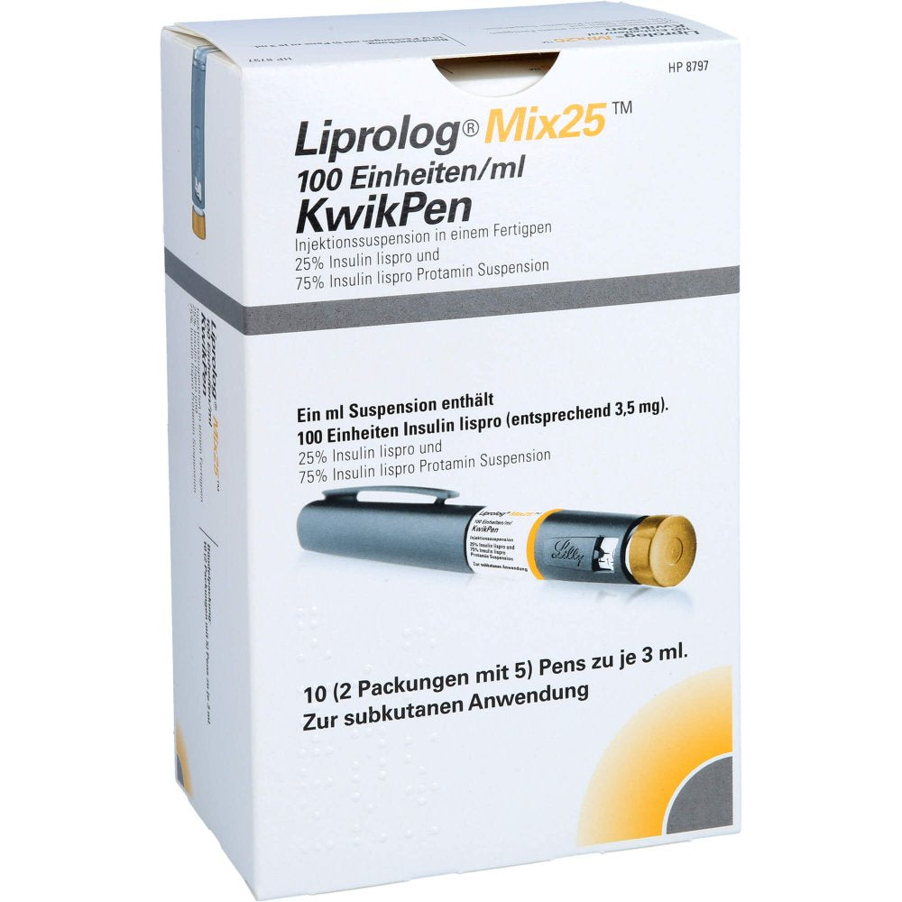 Das Produktfoto zeigt Liprolog Mix 25 100 E/Ml Kwikpen Injektionssusp. (10X3 ml) PZN 07359750