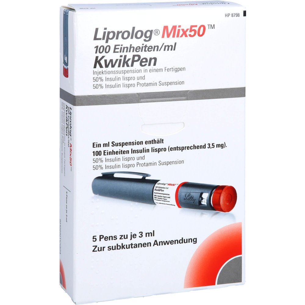 Das Produktfoto zeigt Liprolog Mix 50 100 E/Ml Kwikpen Injektionssusp. (5X3 ml) PZN 07359773