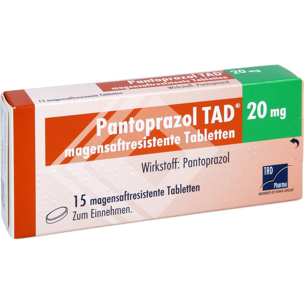 Das Produktfoto zeigt Pantoprazol Tad 20 Mg Magensaftres.Tabletten (15 stk) PZN 07362657