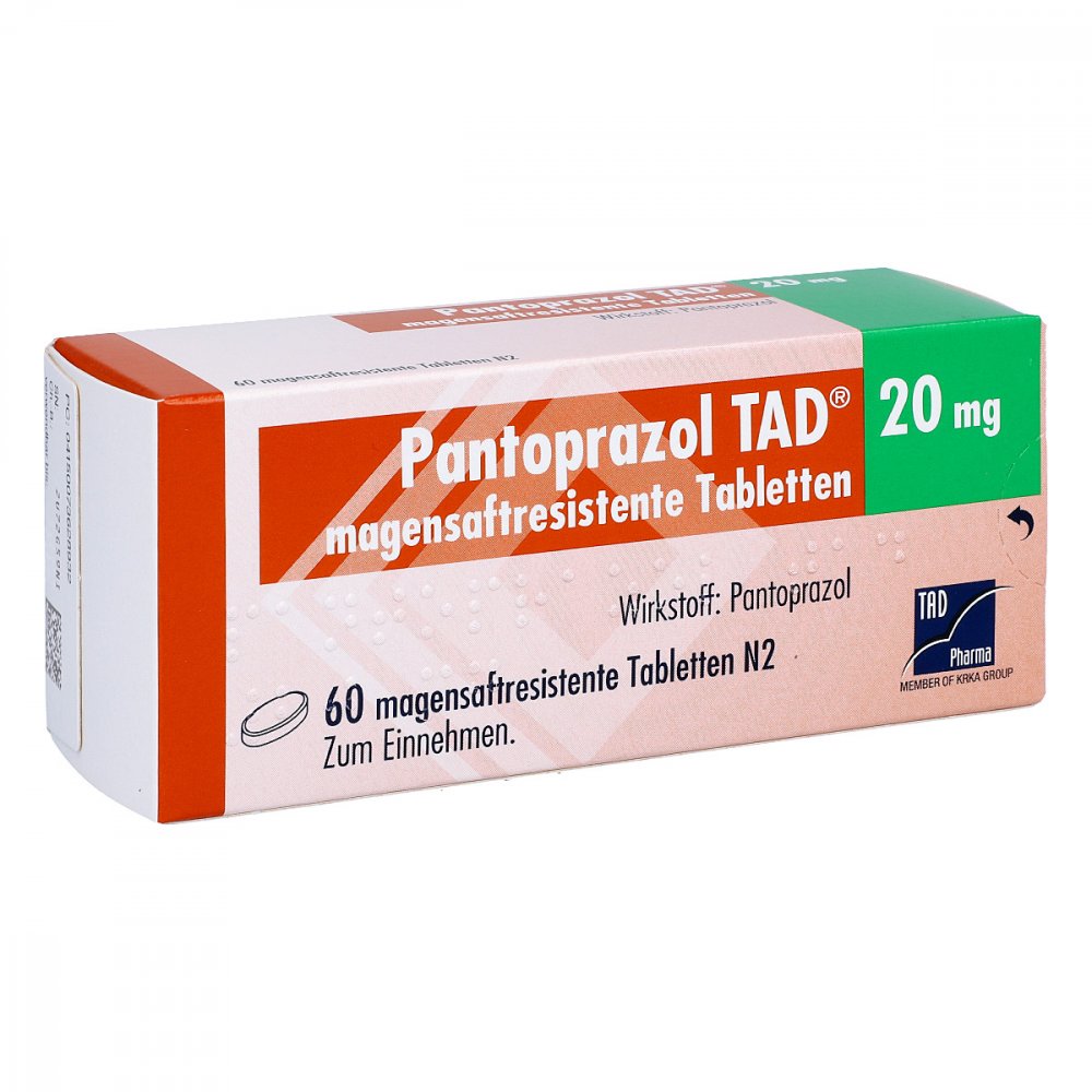 Das Produktfoto zeigt Pantoprazol Tad 20 Mg Magensaftres.Tabletten (60 stk) PZN 07362893