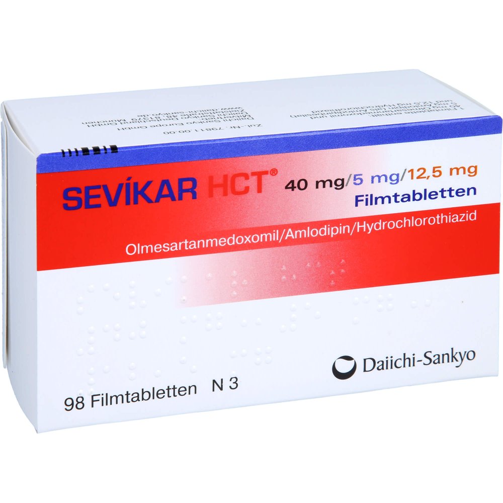 Das Produktfoto zeigt Sevikar Hct 40 Mg/5 Mg/12,5 Mg Filmtabletten (98 stk) PZN 07379474