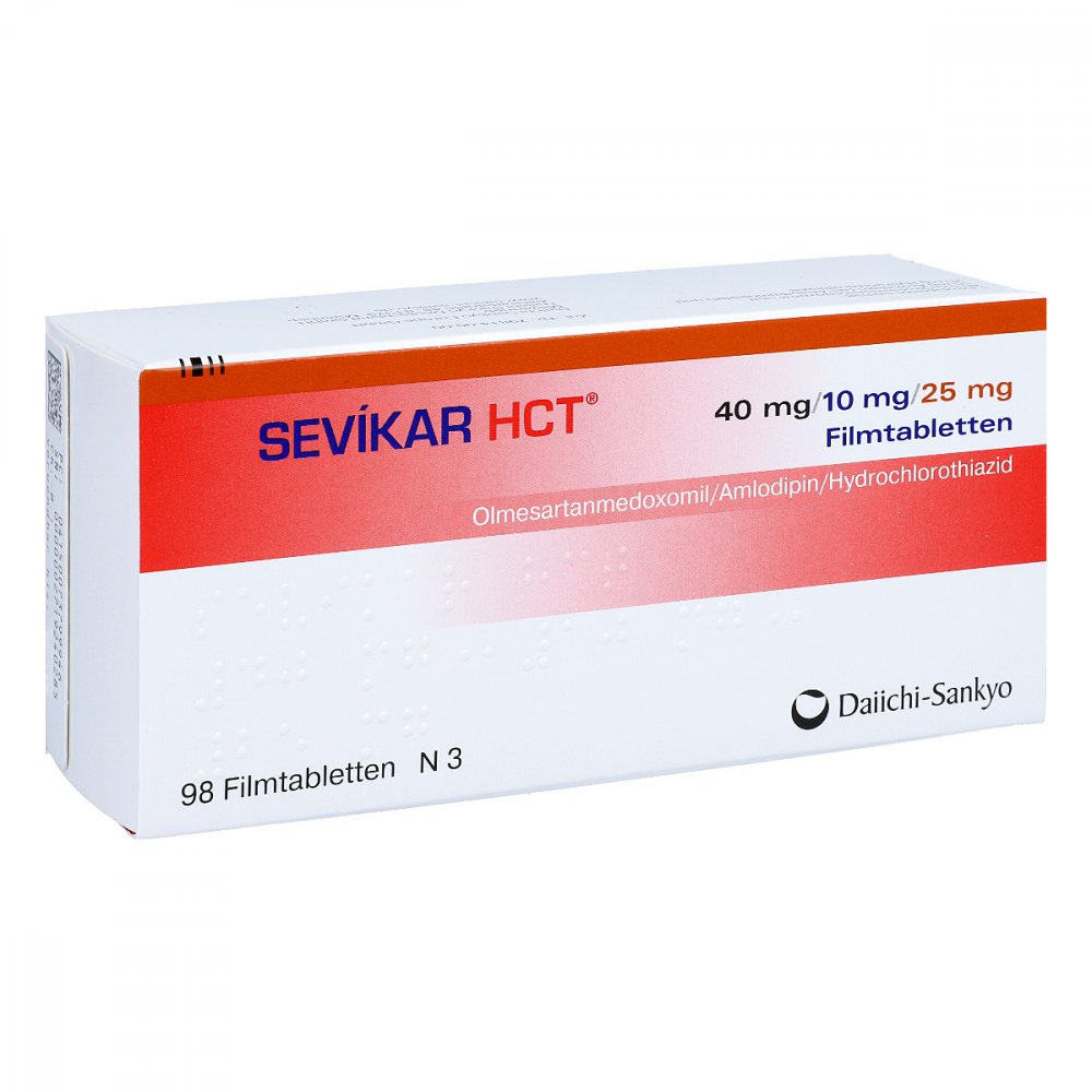 Das Produktfoto zeigt Sevikar Hct 40 Mg/10 Mg/25 Mg Filmtabletten (98 stk) PZN 07379994