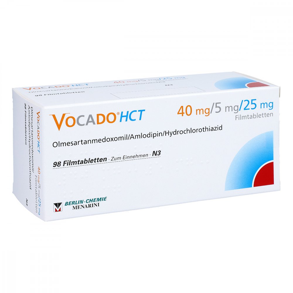 Das Produktfoto zeigt Vocado Hct 40 Mg/5 Mg/25 Mg Filmtabletten (98 stk) PZN 07381979