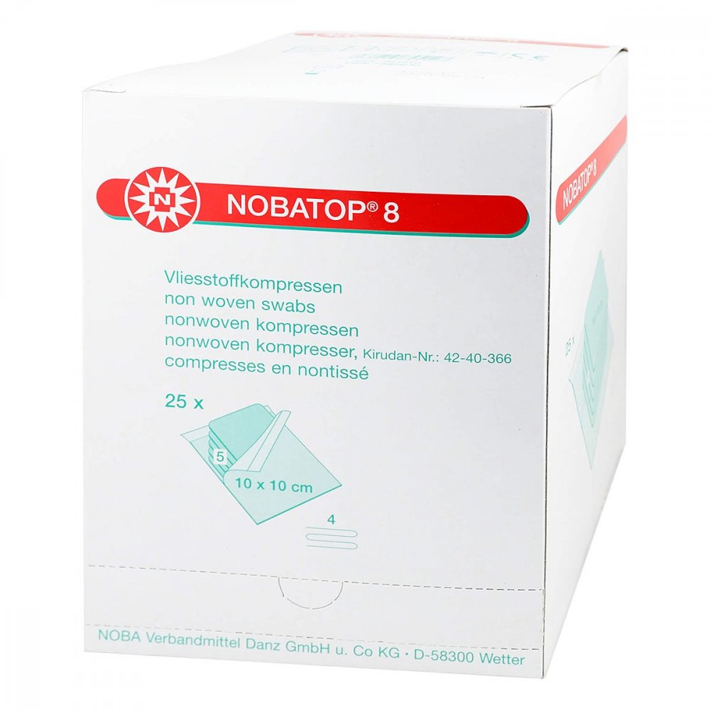 Das Produktfoto zeigt Nobatop 8 Kompressen 10x10 Cm Steril (25X5 stk) PZN 07385635