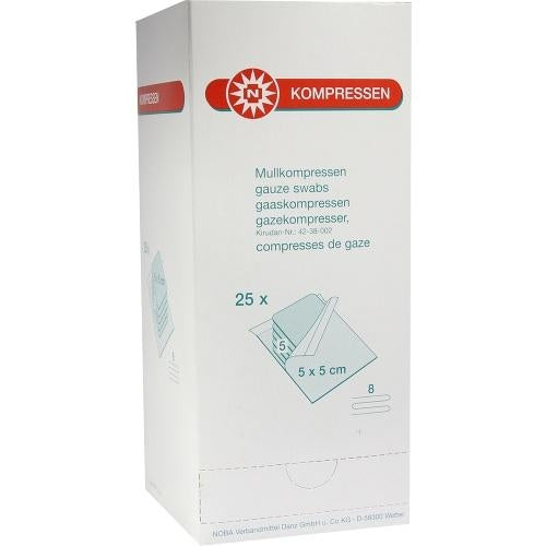 Das Produktfoto zeigt Mullkompressen 5x5 Cm Steril 8fach (25X5 stk) PZN 07385776