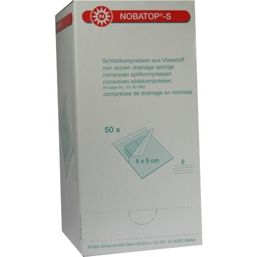 Das Produktfoto zeigt Nobatop S Kompressen 5x5 Cm Steril (50X2 stk) PZN 07386238