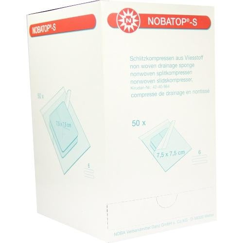 Das Produktfoto zeigt Nobatop S Kompressen 7,5x7,5 Cm Steril (50X2 stk) PZN 07386244