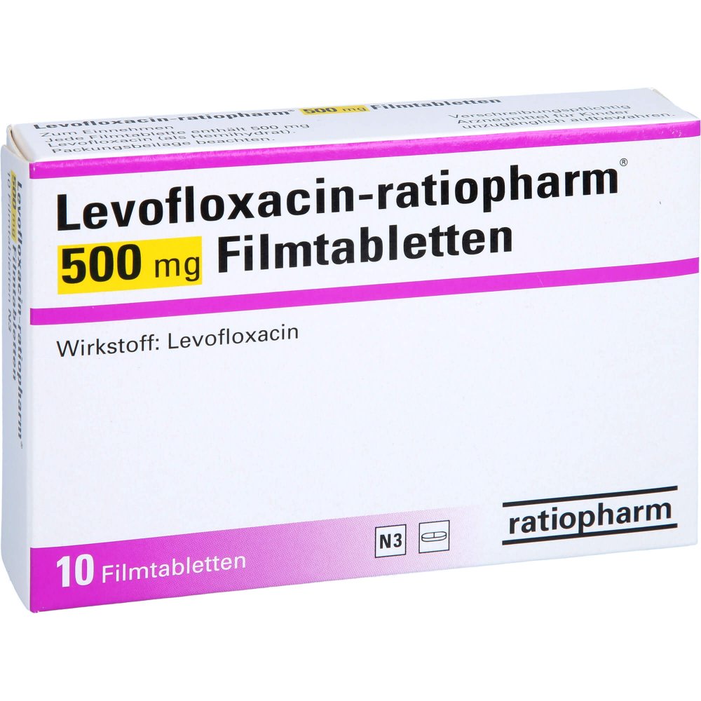 Das Produktfoto zeigt Levofloxacin-Ratiopharm 500 Mg Filmtabletten (10 stk) PZN 07503661
