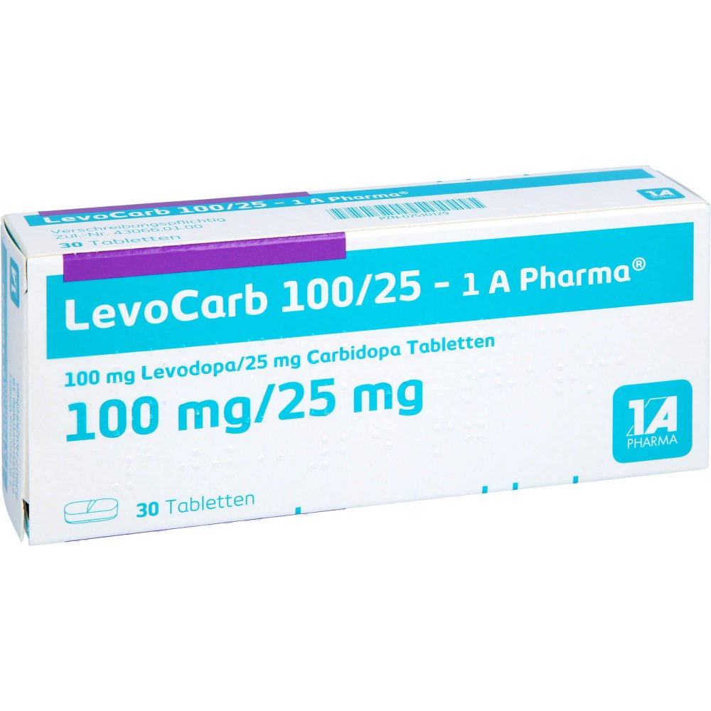 Das Produktfoto zeigt Levocarb 100/25-1a Pharma Tabletten (30 stk) PZN 07510129