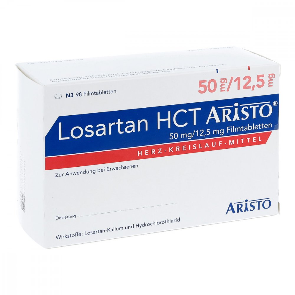 Das Produktfoto zeigt Losartan Hct Aristo 50mg/12,5mg Filmtabletten (98 stk) PZN 07510626