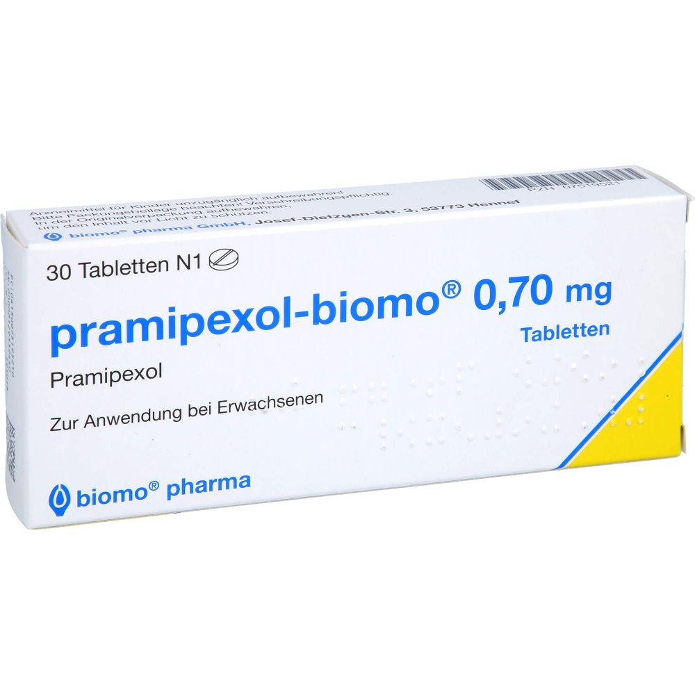 Das Produktfoto zeigt Pramipexol-Biomo 0,70 Mg Tabletten (30 stk) PZN 07519521