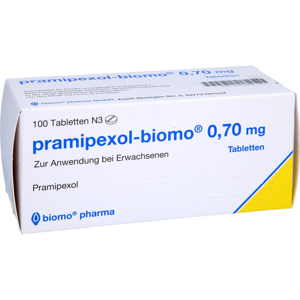 Das Produktfoto zeigt Pramipexol-Biomo 0,70 Mg Tabletten (100 stk) PZN 07519739