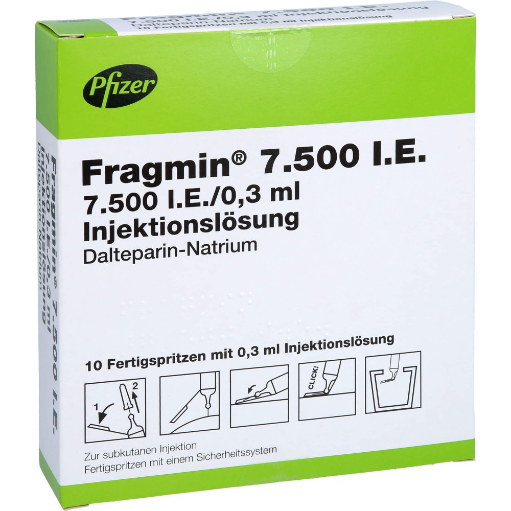 Das Produktfoto zeigt Fragmin 7.500 I.E. Inj.-Lsg.I.E.Fs.M.Sich-Sys. (10 stk) PZN 07531870