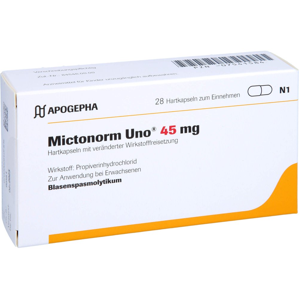 Das Produktfoto zeigt Mictonorm Uno 45 Mg Hartk.M.Veränd.Wirkst.-Frs. (28 stk) PZN 07541584