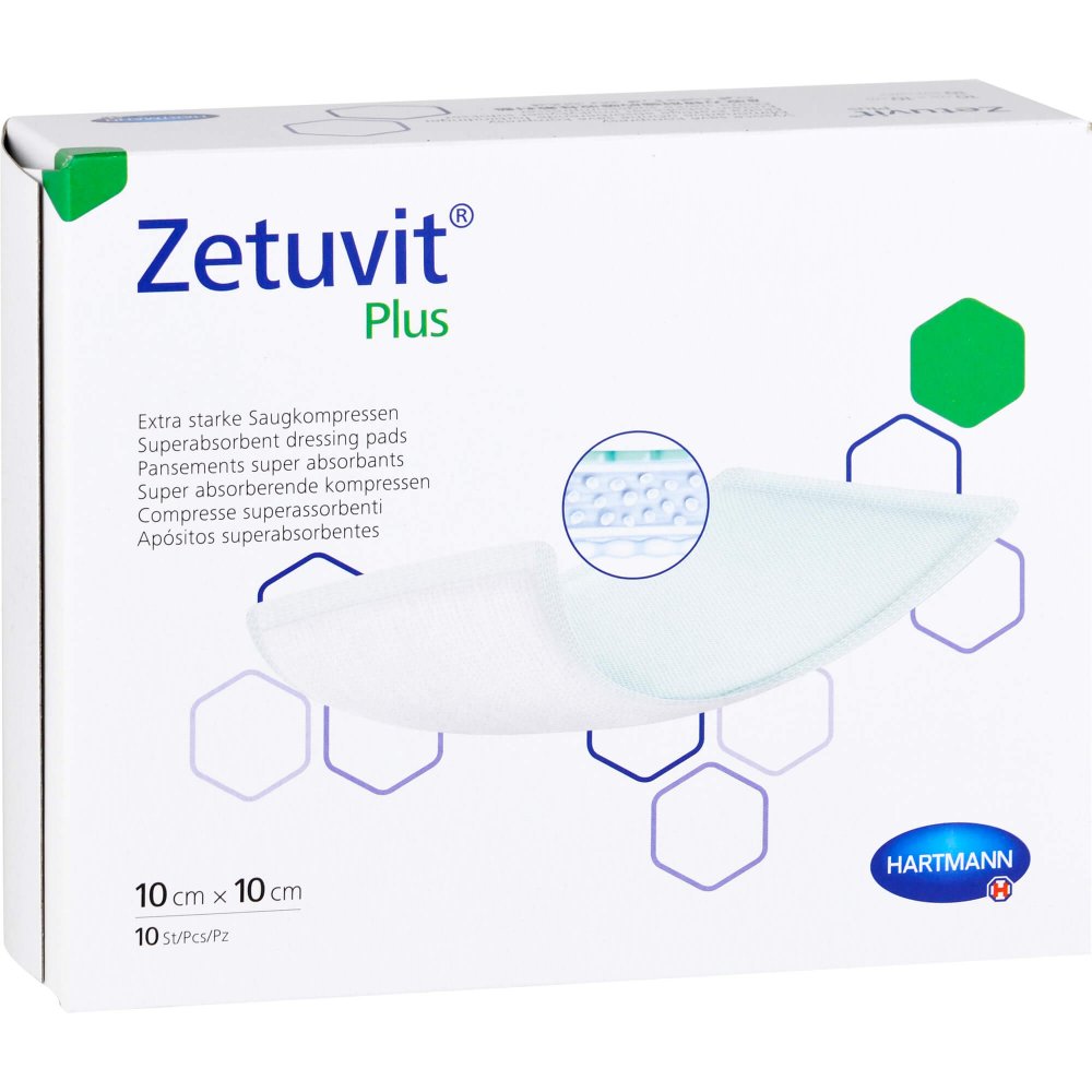 Das Produktfoto zeigt Zetuvit Plus Extrastarke Saugkompr.Steril 10x10 Cm (10 stk) PZN 07558337