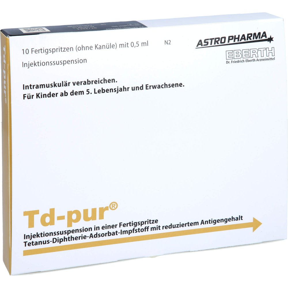Das Produktfoto zeigt Td-Pur Injektionssuspension Fertigspr.Ohne Kanüle (10X0.5 ml) PZN 07566590
