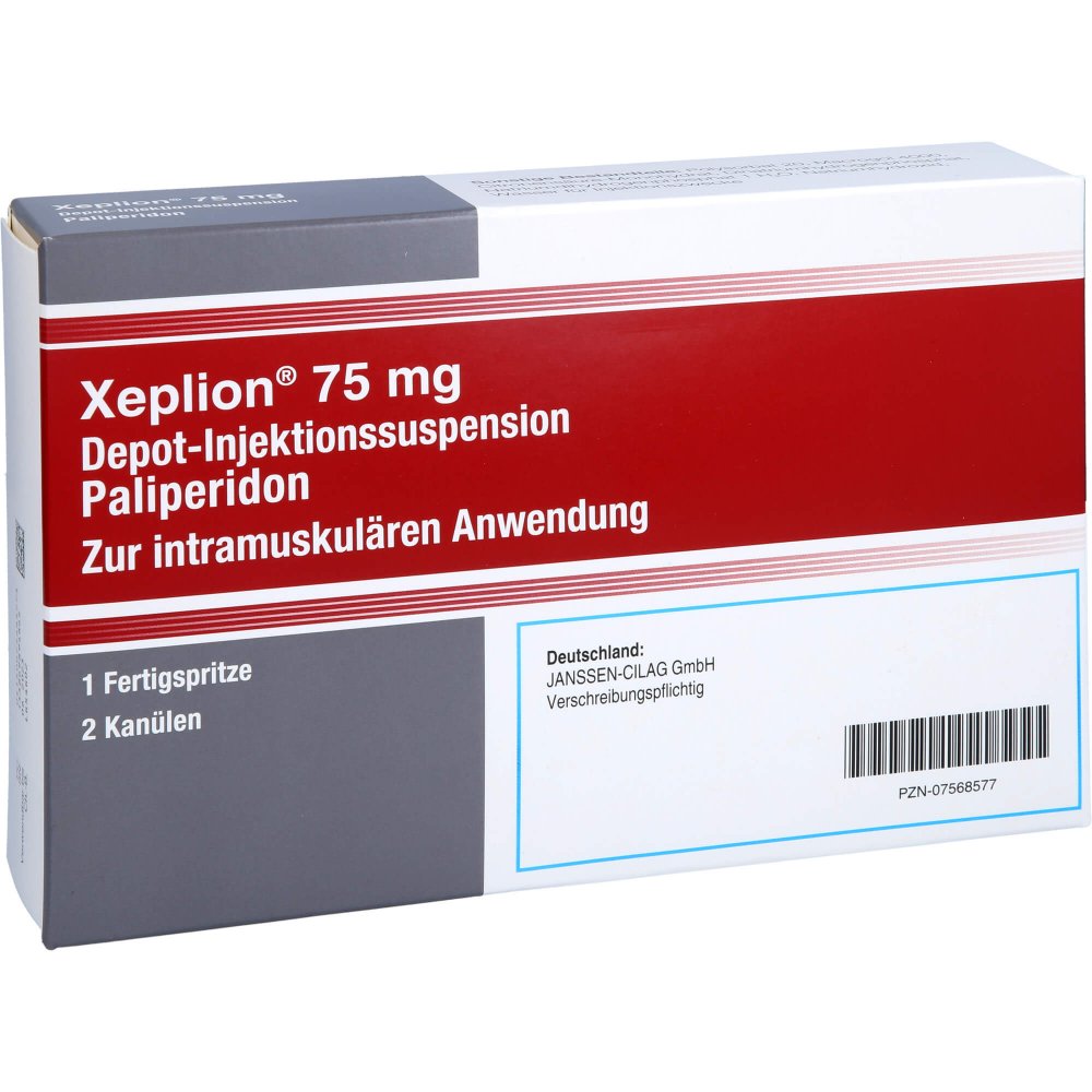 Das Produktfoto zeigt Xeplion 75 Mg Depot-Injektionssusp.I.E.Fertigspr. (1 stk) PZN 07568577