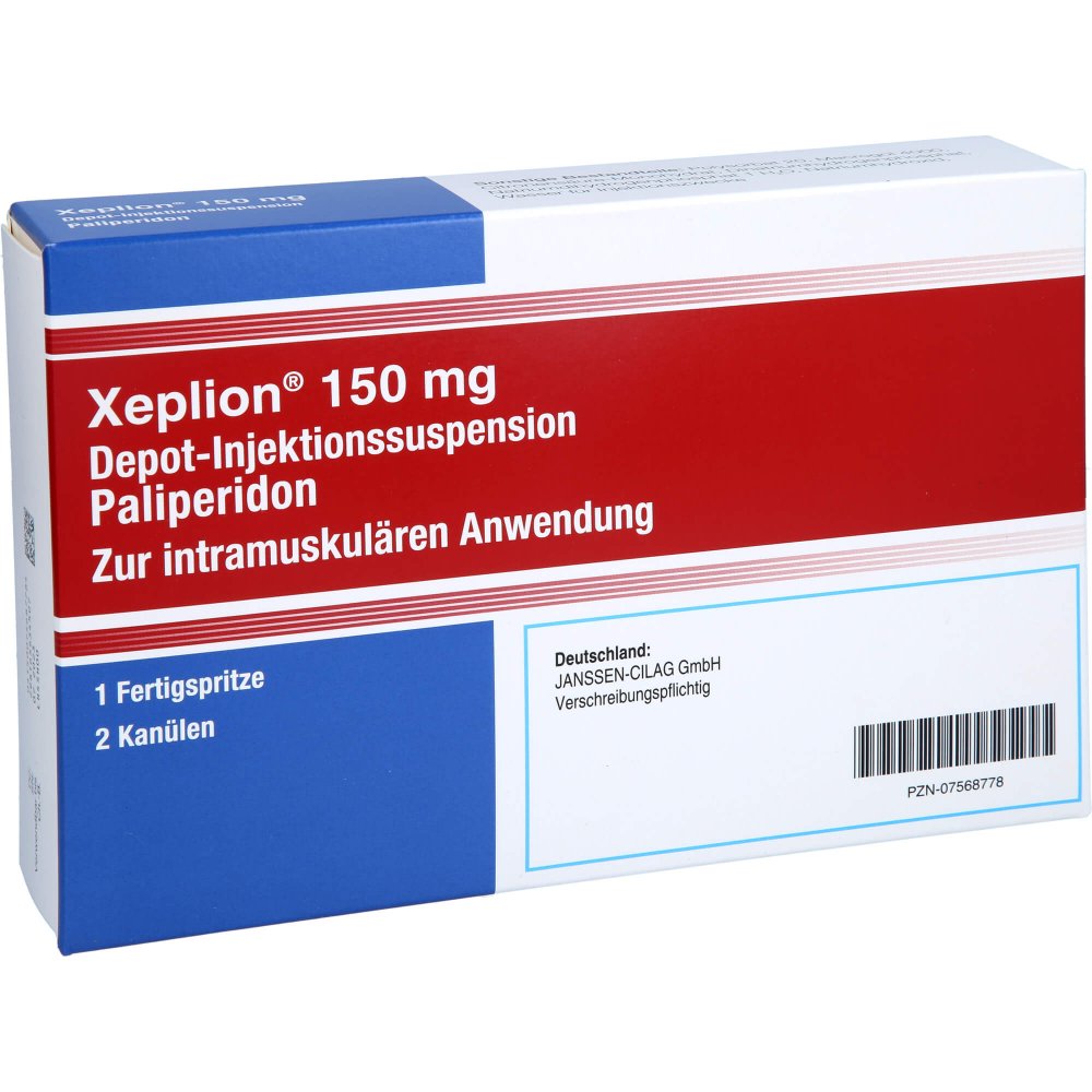 Das Produktfoto zeigt Xeplion 150 Mg Depot-Injektionssusp.I.E.Fertigspr. (1 stk) PZN 07568778