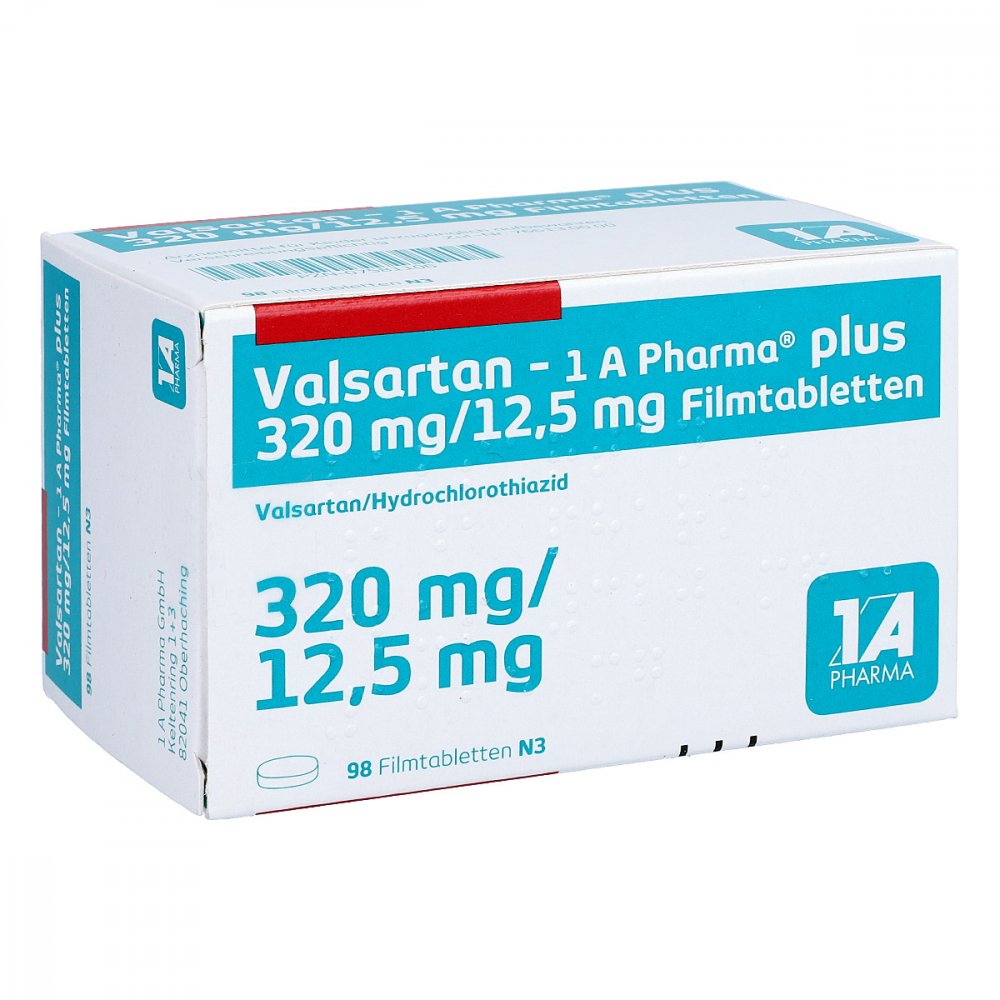 Das Produktfoto zeigt Valsartan-1a Pharma Plus 320/12,5 Mg Filmtabletten (98 stk) PZN 07581106