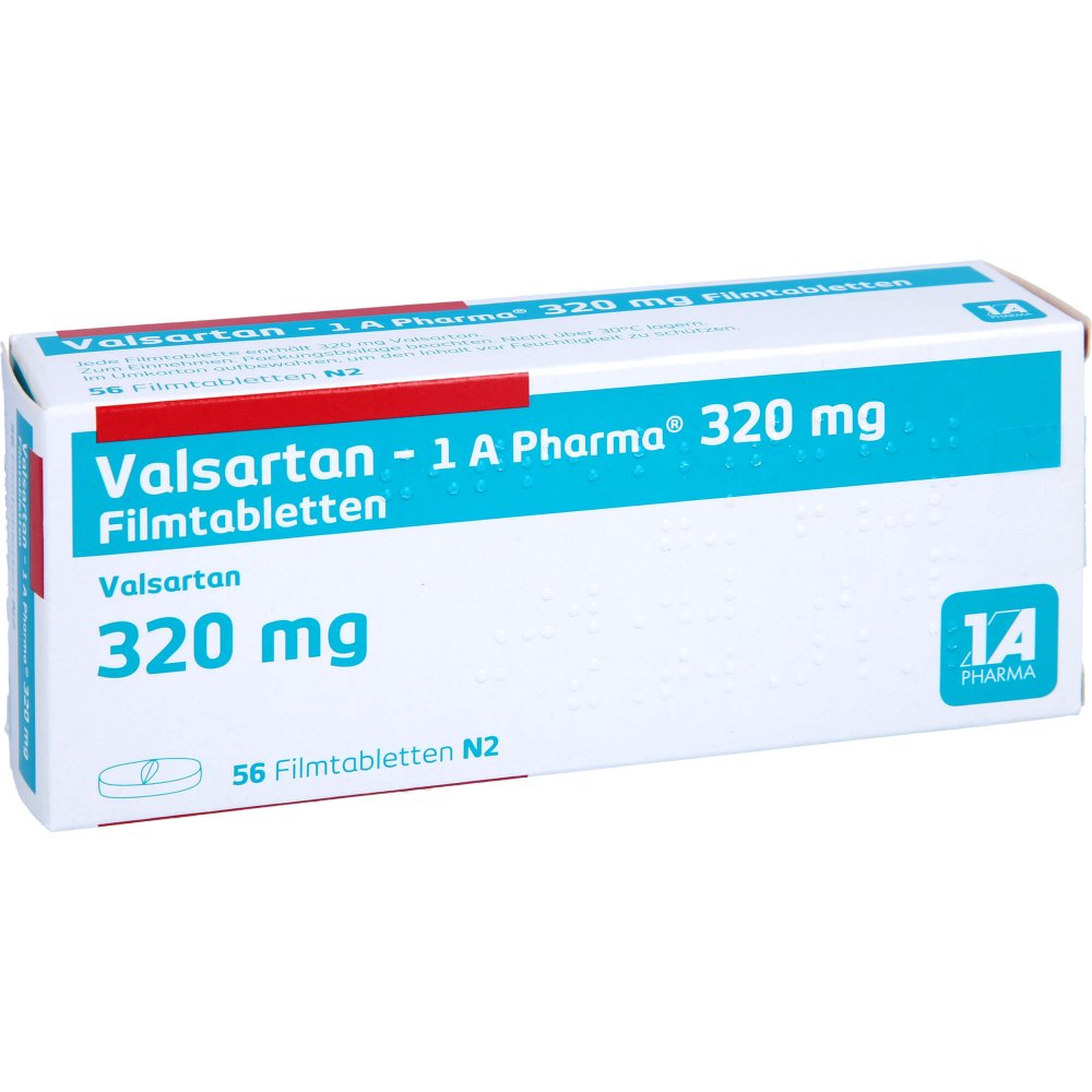 Das Produktfoto zeigt Valsartan-1a Pharma 320 Mg Filmtabletten (56 stk) PZN 07582092