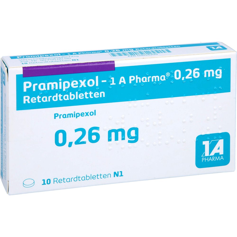 Das Produktfoto zeigt Pramipexol-1a Pharma 0,26 Mg Retardtabletten (10 stk) PZN 07604209