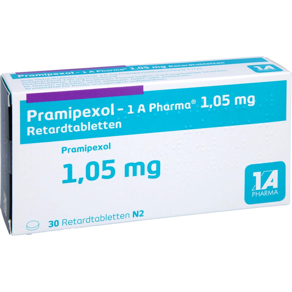 Das Produktfoto zeigt Pramipexol-1a Pharma 1,05 Mg Retardtabletten (30 stk) PZN 07604273