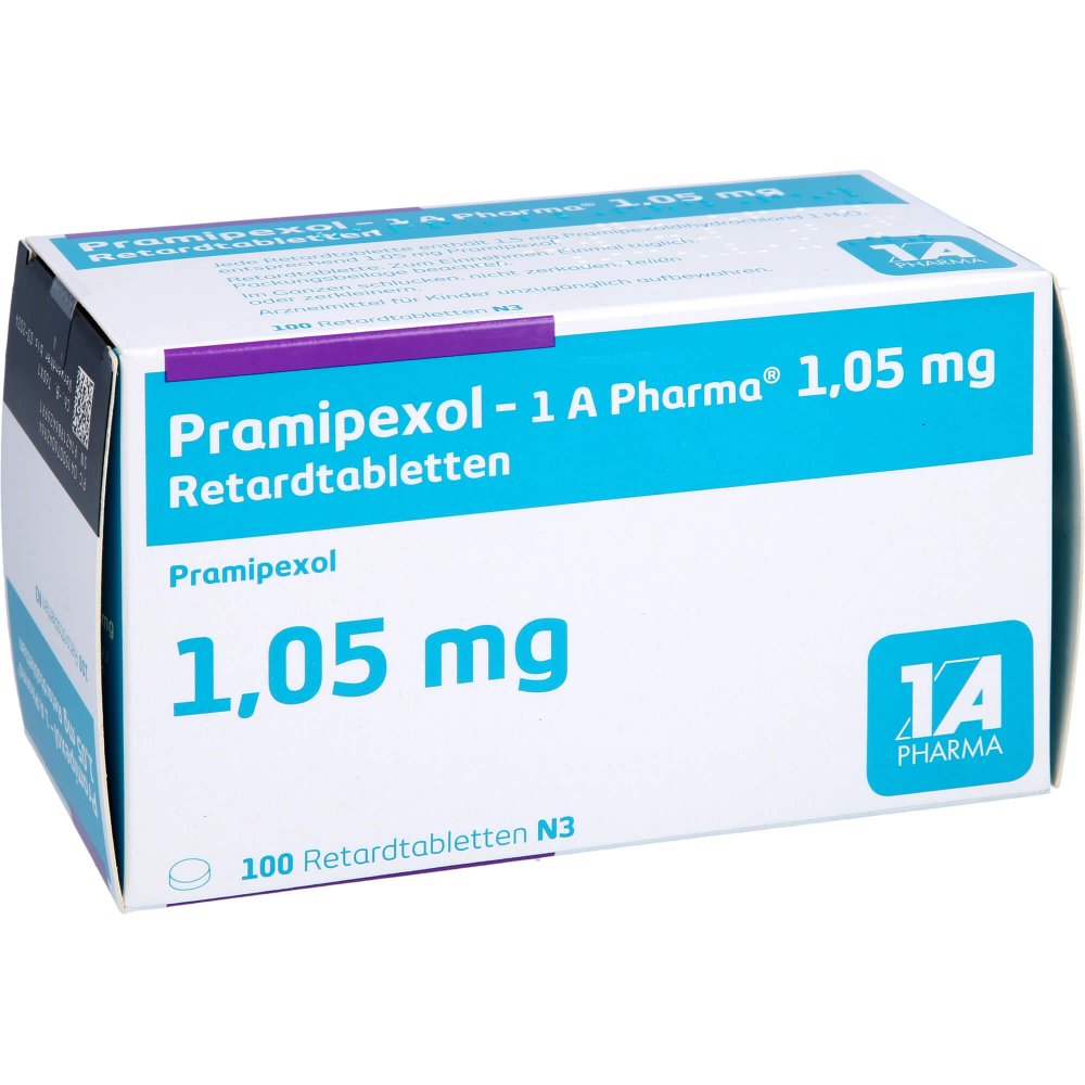 Das Produktfoto zeigt Pramipexol-1a Pharma 1,05 Mg Retardtabletten (100 stk) PZN 07604296