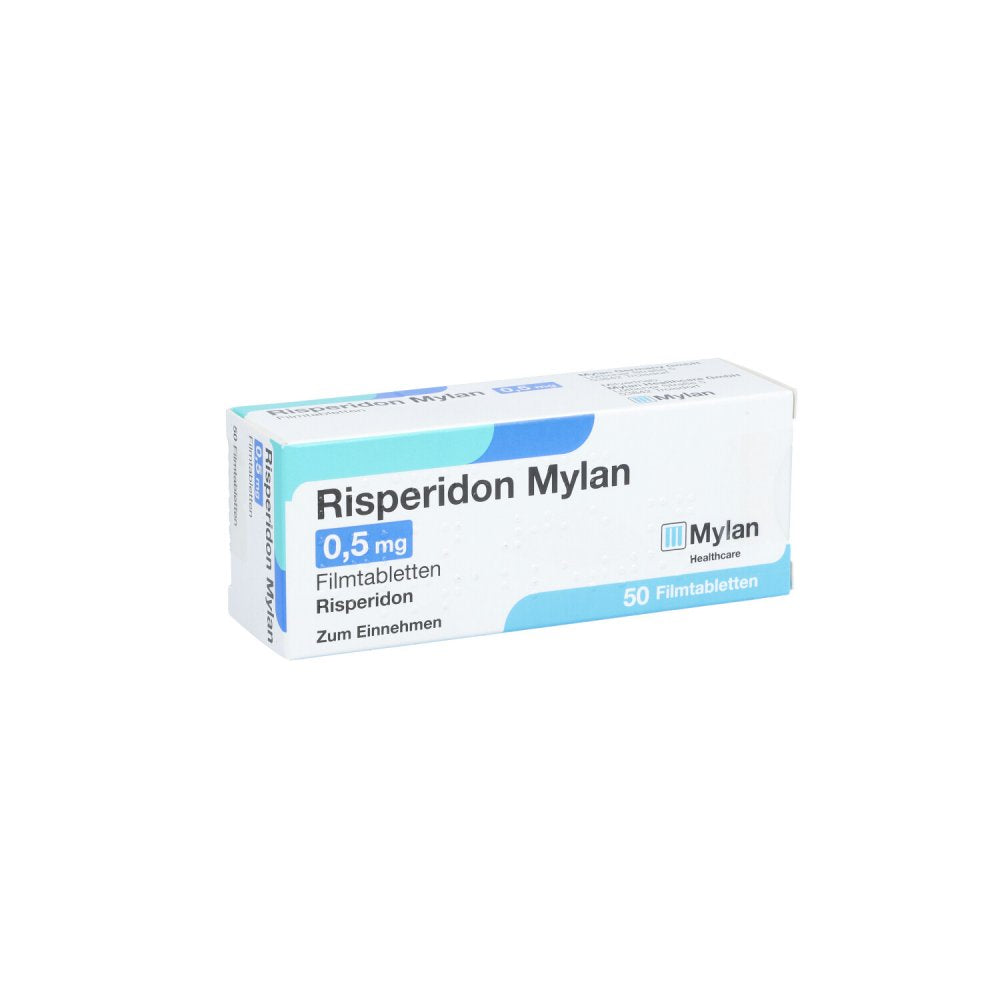 Das Produktfoto zeigt Risperidon Mylan 0,5 Mg Filmtabletten (50 stk) PZN 07621509