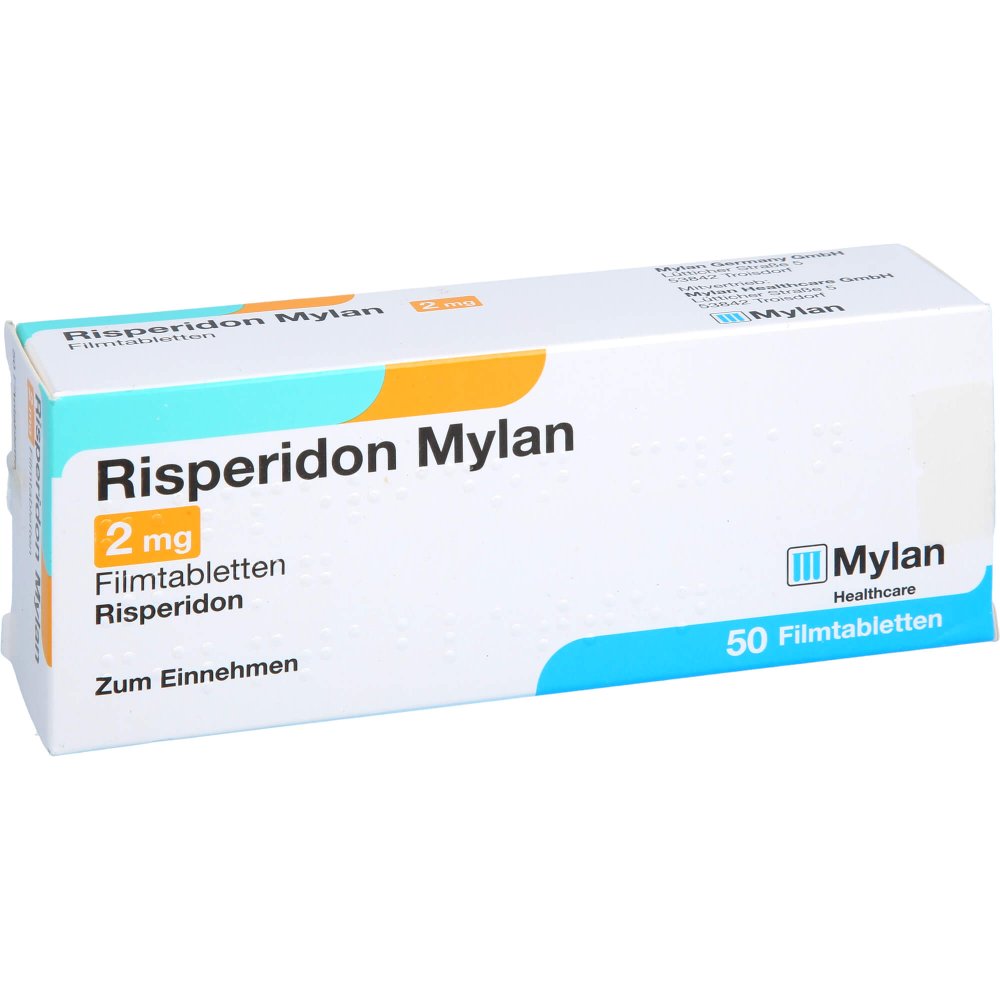 Das Produktfoto zeigt Risperidon Mylan 2 Mg Filmtabletten (50 stk) PZN 07621857