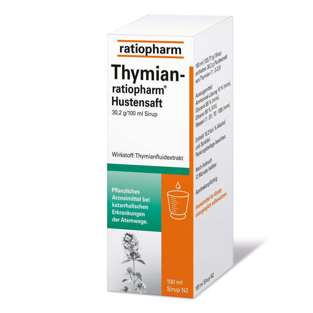 Das Produktfoto zeigt Thymian-Ratiopharm Hustensaft (100 ml) PZN 07632499