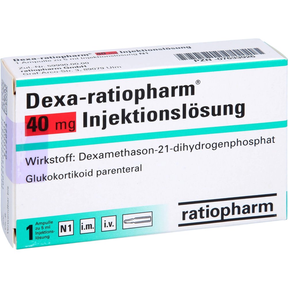 Das Produktfoto zeigt Dexa-Ratiopharm 40 Mg Injektionslösung Ampullen (1 stk) PZN 07633926
