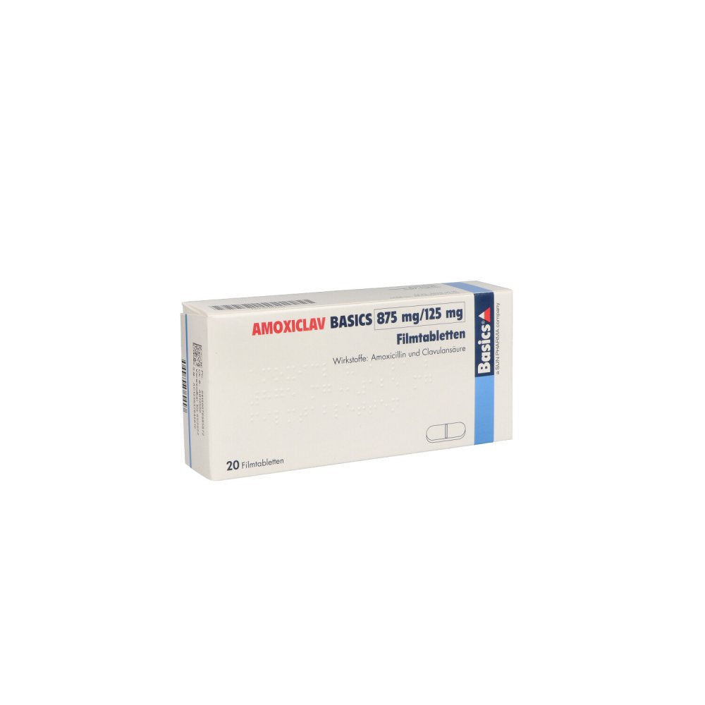 Das Produktfoto zeigt Amoxiclav Basics 875 Mg/125 Mg Filmtabletten (20 stk) PZN 07698587