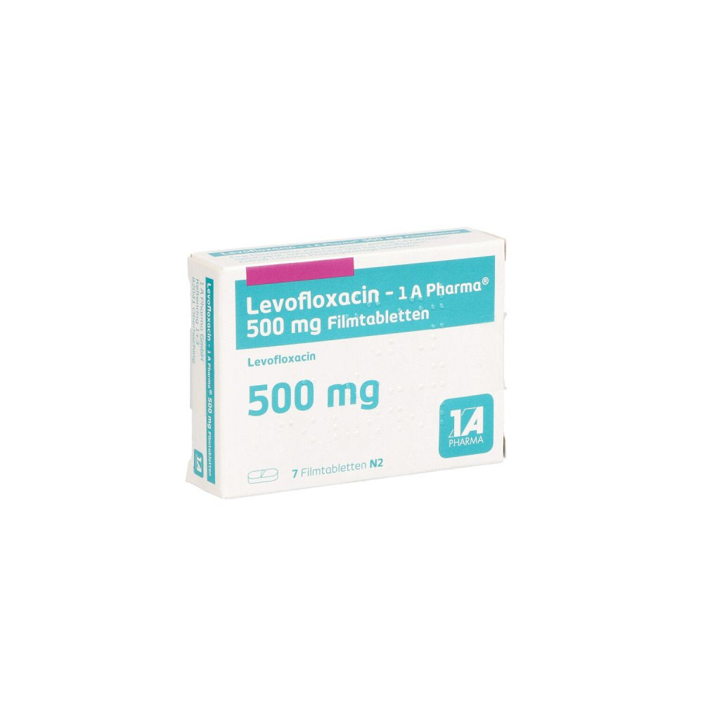 Das Produktfoto zeigt Levofloxacin-1a Pharma 500 Mg Filmtabletten (7 stk) PZN 07715021