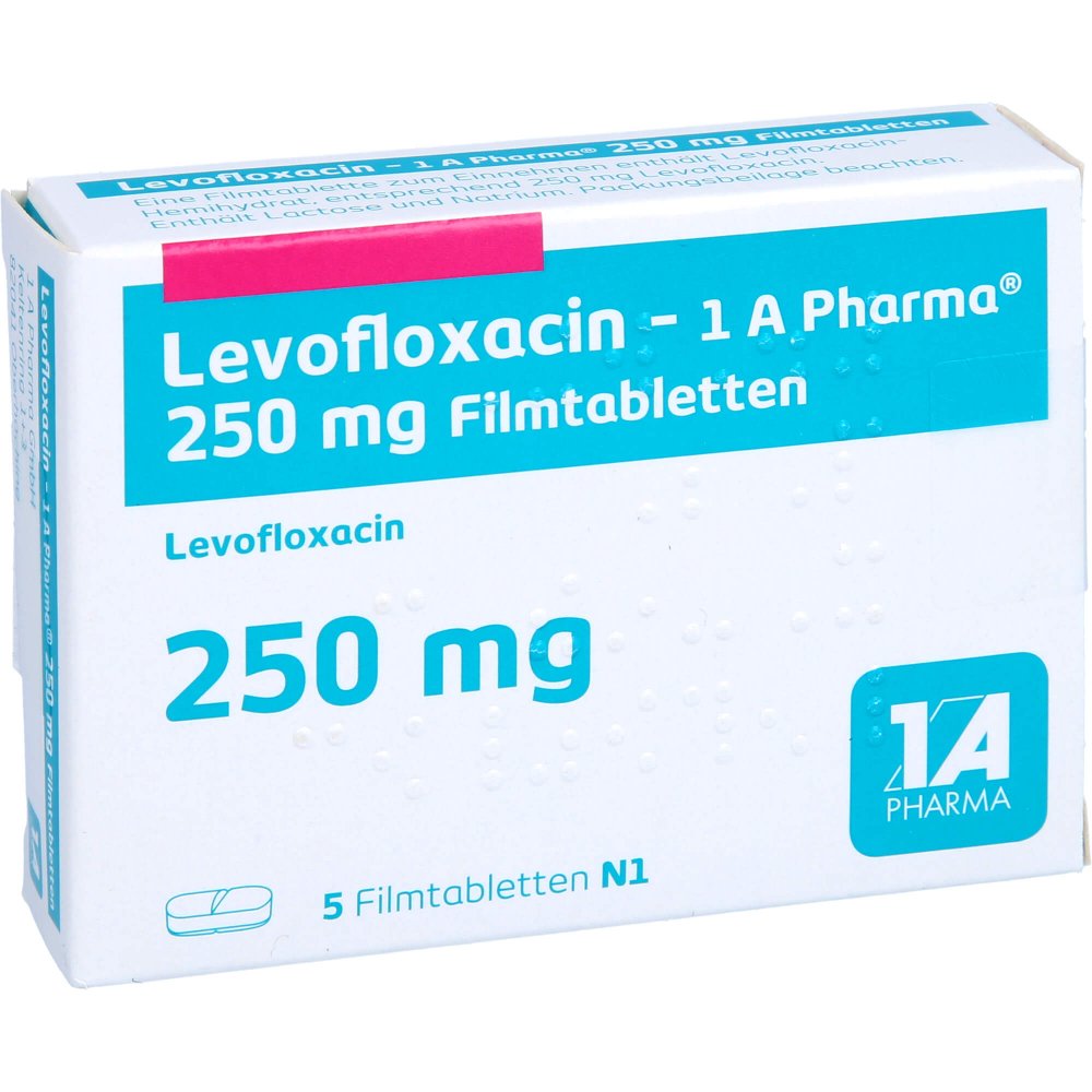 Das Produktfoto zeigt Levofloxacin-1a Pharma 250 Mg Filmtabletten (5 stk) PZN 07715050