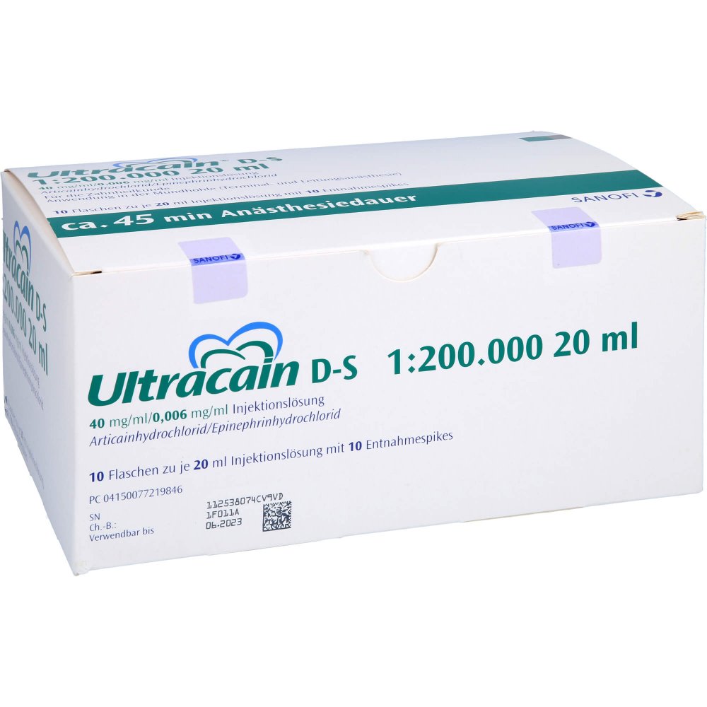Das Produktfoto zeigt Ultracain D-S 1:200.000 F.D.Zahnheilk.Durchst.-Fl. (10X20 ml) PZN 07721984