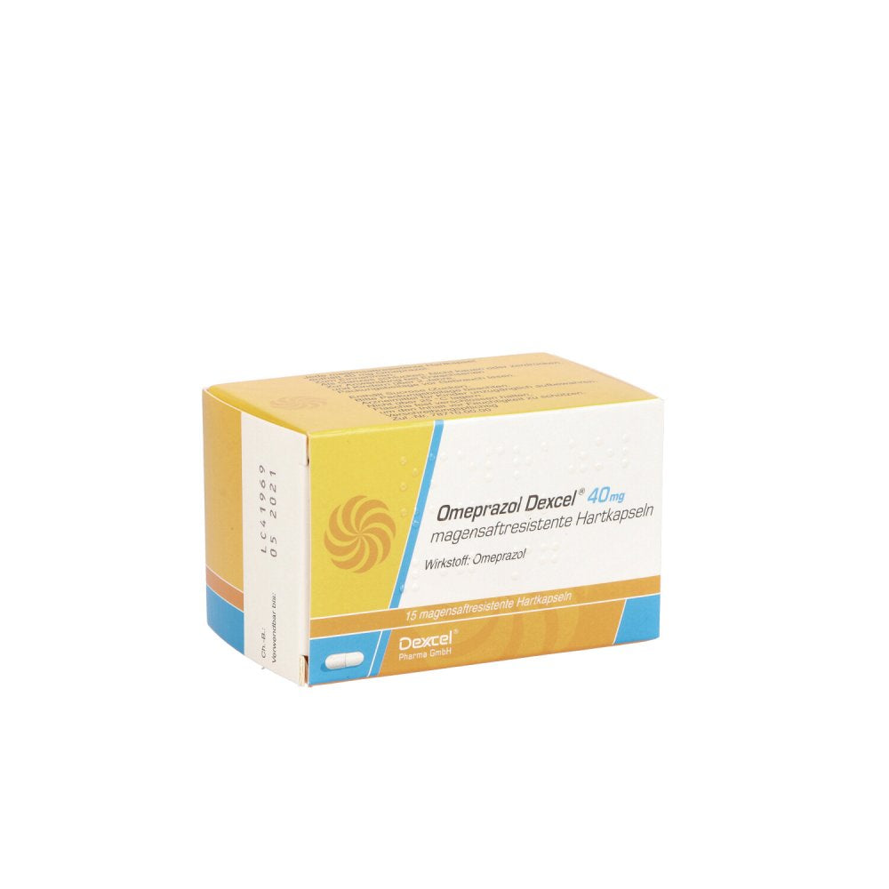 Das Produktfoto zeigt Omeprazol Dexcel 40 Mg Magensaftres.Hartkapseln (15 stk) PZN 07745884