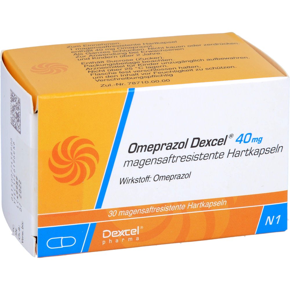 Das Produktfoto zeigt Omeprazol Dexcel 40 Mg Magensaftres.Hartkapseln (30 stk) PZN 07745890