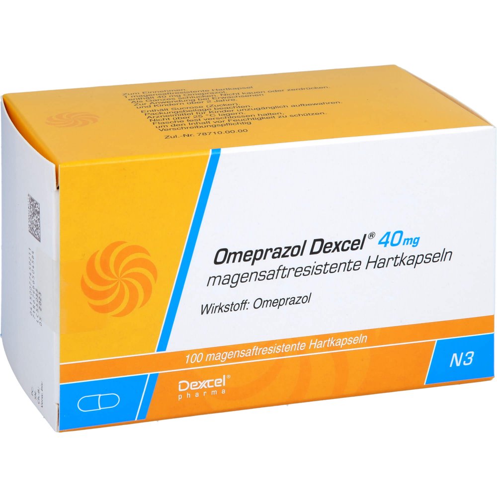 Das Produktfoto zeigt Omeprazol Dexcel 40 Mg Magensaftres.Hartkapseln (100 stk) PZN 07745921