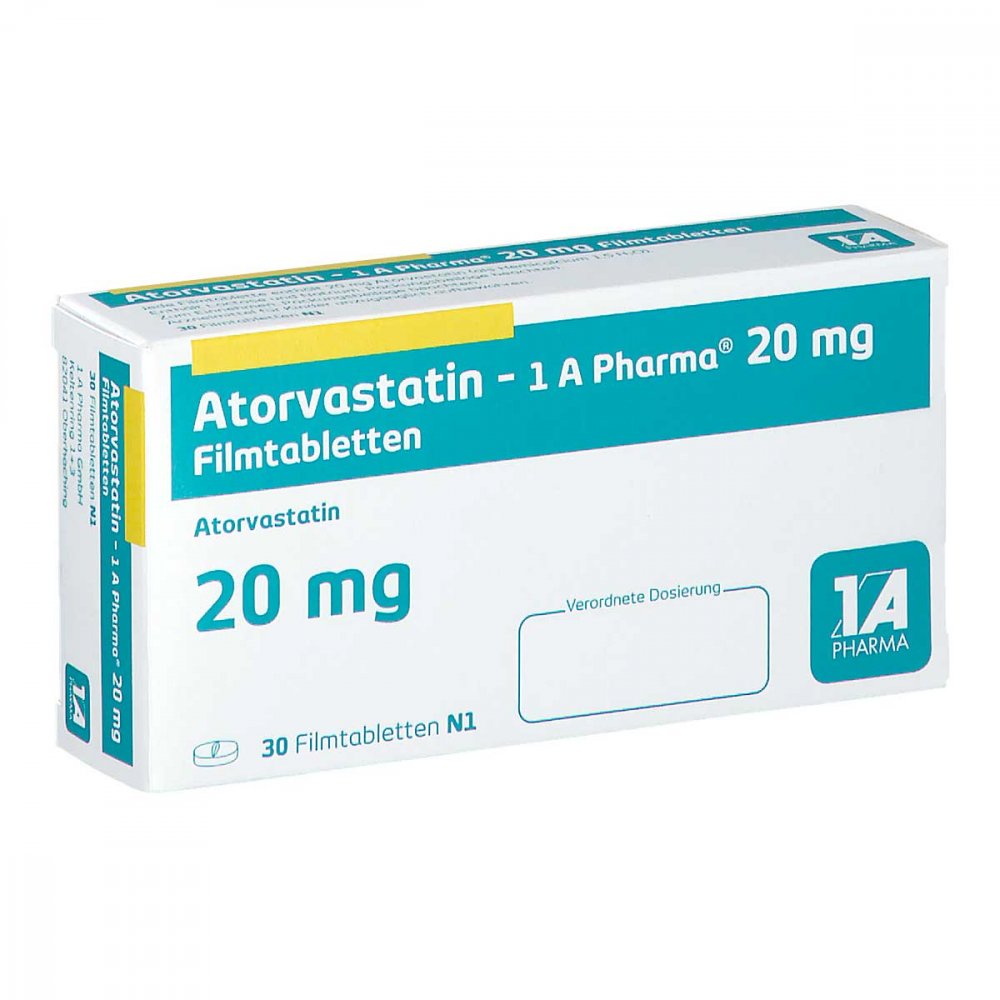 Das Produktfoto zeigt Atorvastatin-1a Pharma 20 Mg Filmtabletten (30 stk) PZN 07752884