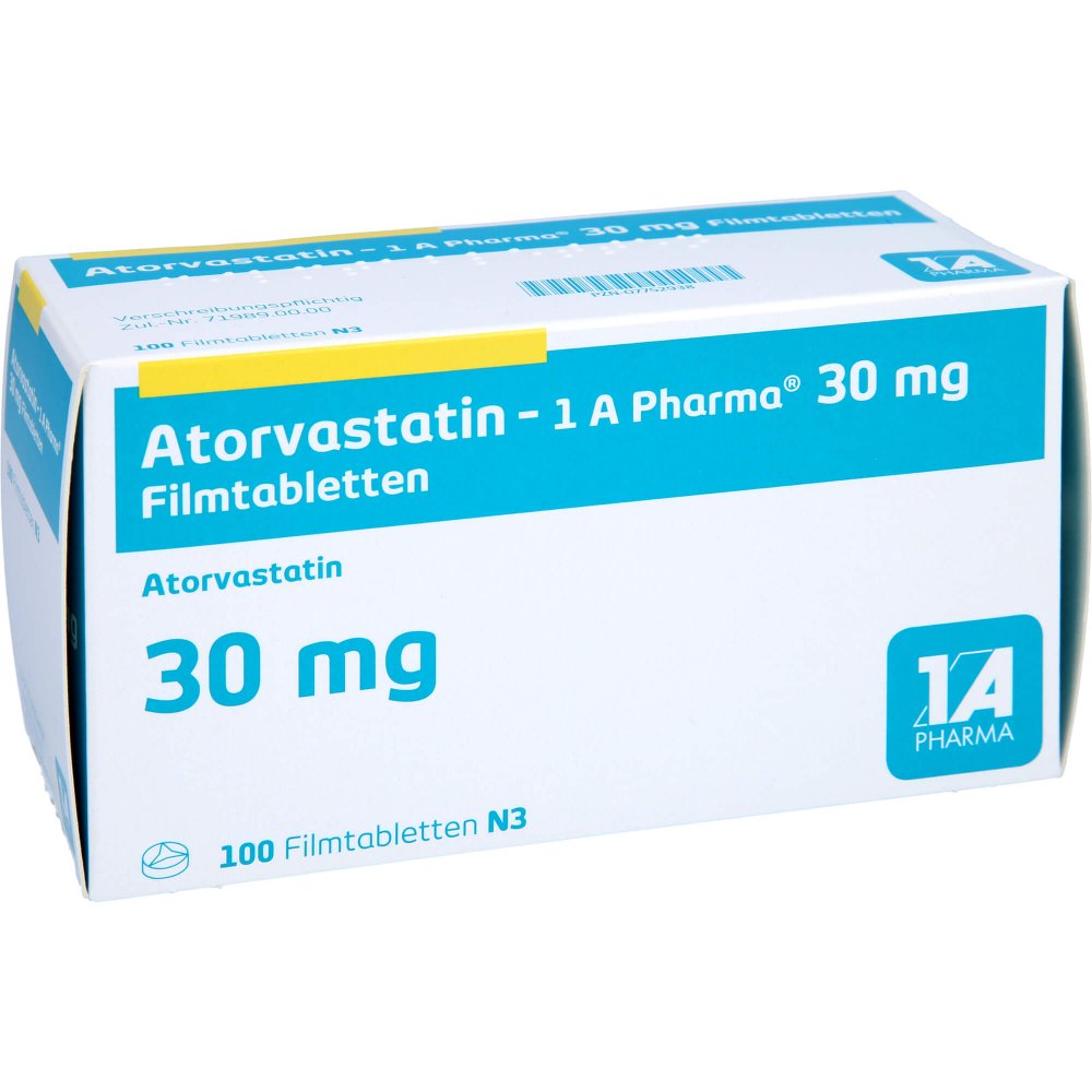 Das Produktfoto zeigt Atorvastatin-1a Pharma 30 Mg Filmtabletten (100 stk) PZN 07752938
