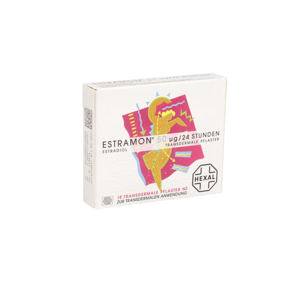 Das Produktfoto zeigt Estramon 50 Μg/24 Stunden Transdermale Pflaster (18 stk) PZN 08416390