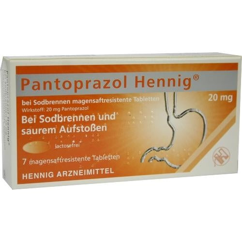 Das Produktfoto zeigt Pantoprazol Hennig B.Sodbrennen 20 Mg Msr.Tabl. (7 stk) PZN 08439965