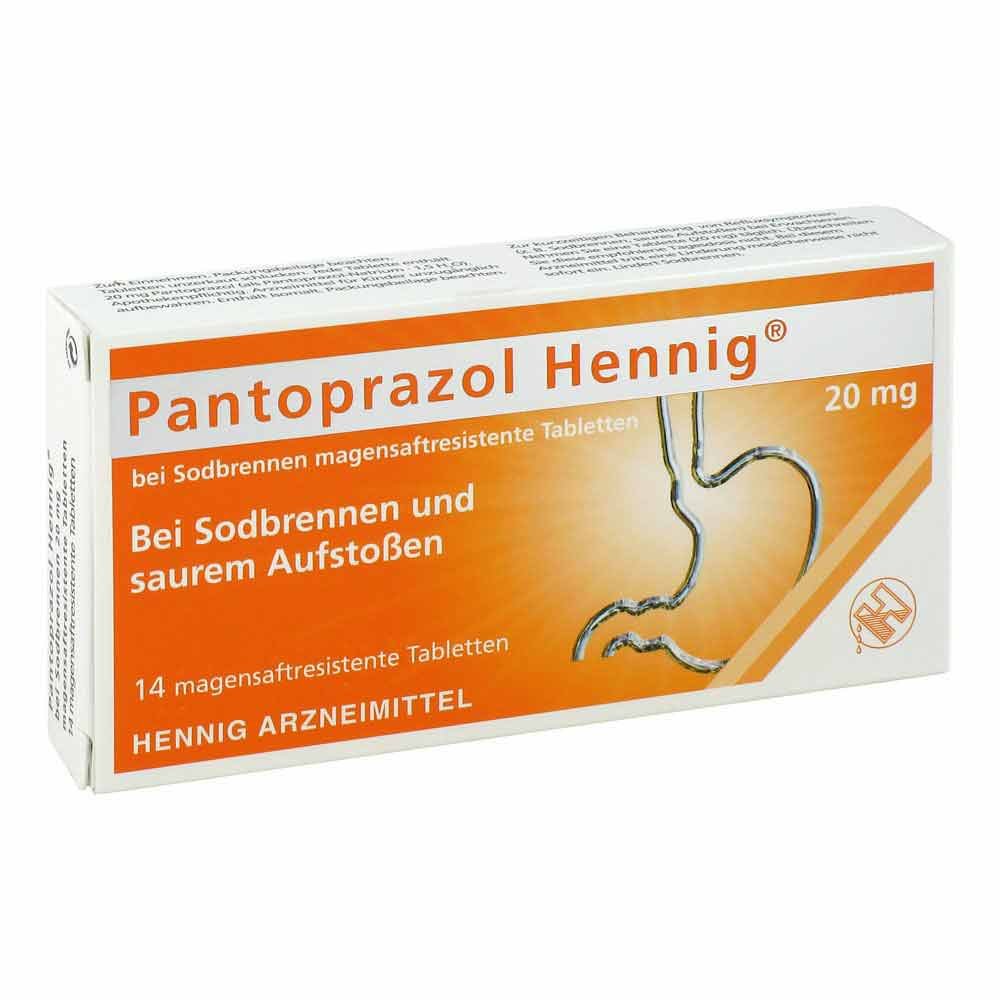 Das Produktfoto zeigt Pantoprazol Hennig B.Sodbrennen 20 Mg Msr.Tabl. (14 stk) PZN 08439988