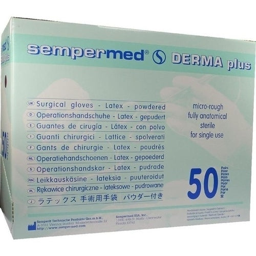 Das Produktfoto zeigt Sempermed Derma Plus Op-Handsch.Ster.Gep.Gr.7,5 Ws (50X2 stk) PZN 08450010
