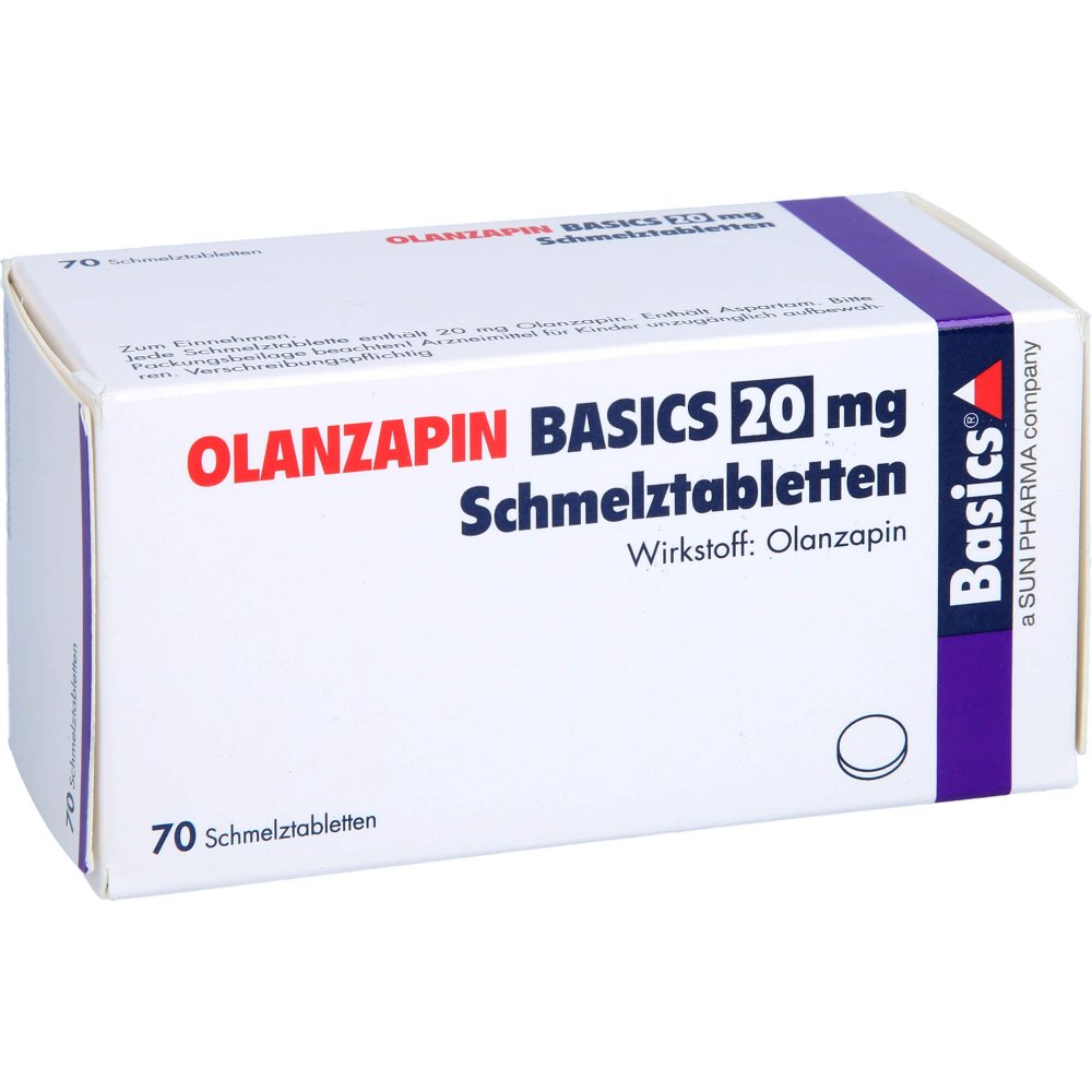 Das Produktfoto zeigt Olanzapin Basics 20 Mg Schmelztabletten (70 stk) PZN 08468079