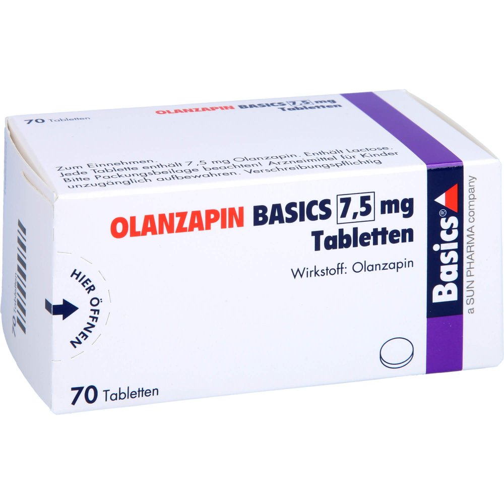 Das Produktfoto zeigt Olanzapin Basics 7,5 Mg Tabletten (70 stk) PZN 08468122